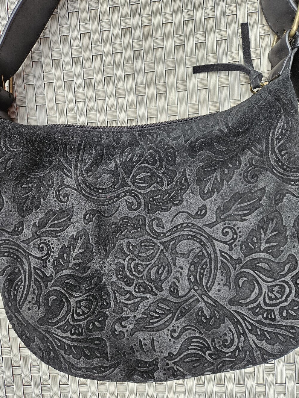 Vintage Suede Bisou Bisou Black Embossed Floral-Paisley  Hobo Bag Gold Hardware